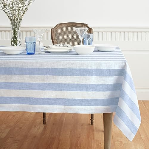 Solino Home Linen Tablecloth 60 x 108 Inch - Cabana Stripe 100% Pure Linen Sky Blue and White Table Cloth for Rectangle Tables - Machine Washable Tablecloth for Spring, Easter, Mothers Day | Amazon (US)