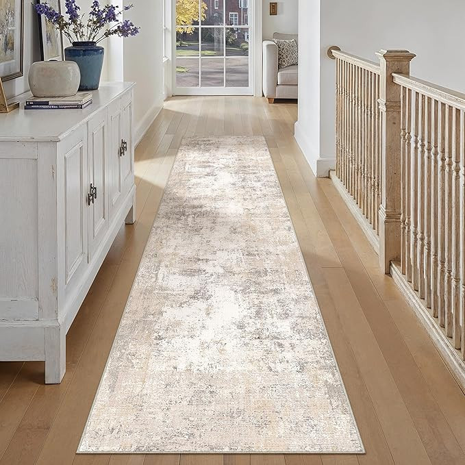 3x12 Washable Runner Rug Beige Grey Abstract Hallway Kitchen Throw Rug Neutral Modern Non Slip So... | Amazon (US)