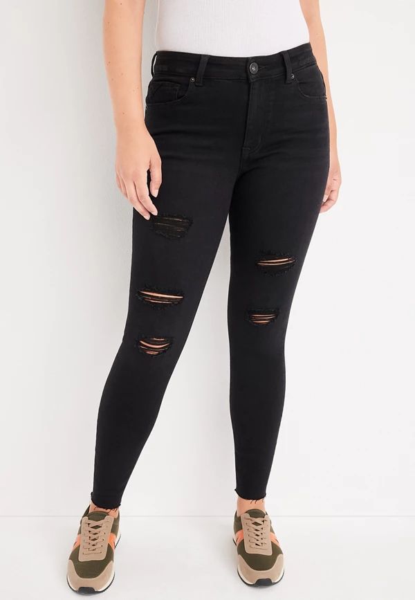 edgely™ Super Skinny High Rise Black Ripped Jean | Maurices
