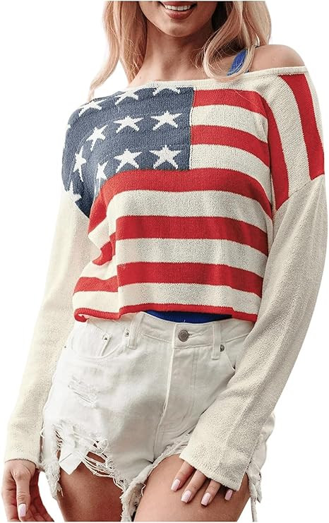 SweatyRocks Women's American Flag Graphic Sweater Long Sleeve Off The Shoulder Knit Pullover Top | Amazon (US)