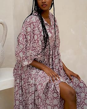Casual Summer Dresses for Women Swing Floral Half Open Collar Boho Puff Sleeve Loose Midi Beach D... | Amazon (US)