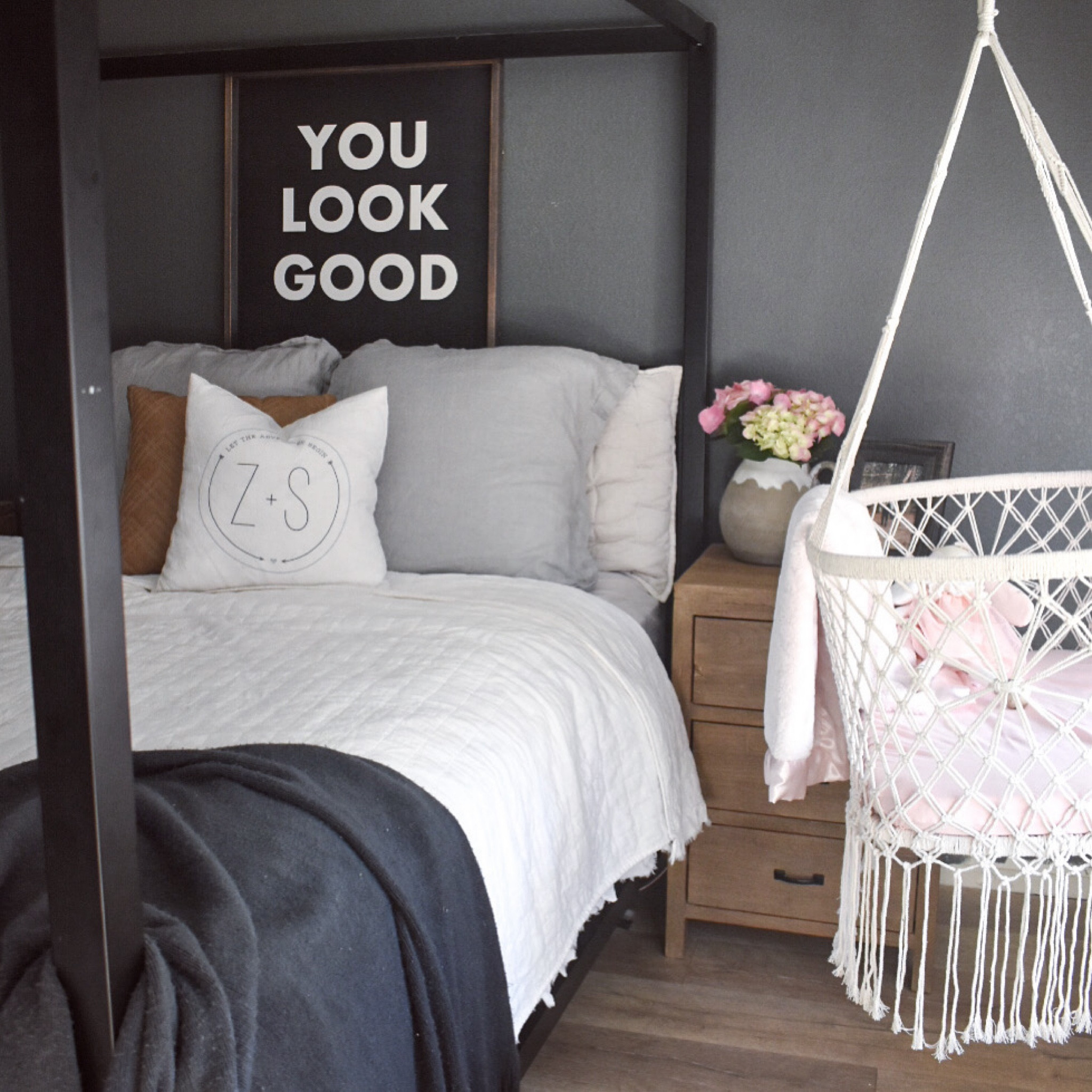 Moody + dreamy master bedroom with the sweetest crochet baby bassinet.🥹 Closest paint match for the walls is Sherwin Williams Night Out!

#LTKHome #LTKBaby #LTKStyleTip