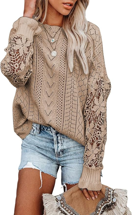 AlvaQ Women Lace Crochet Long Sleeve Crewneck Sweaters Winter Knit Pullover Jumper Tops | Amazon (US)