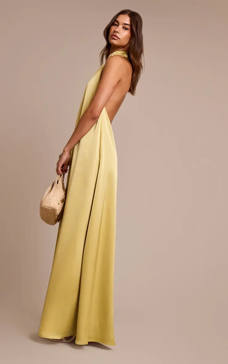 Chartreuse Satin High Neck Scoop Extreme Low Back Maxi Dress | PrettyLittleThing US