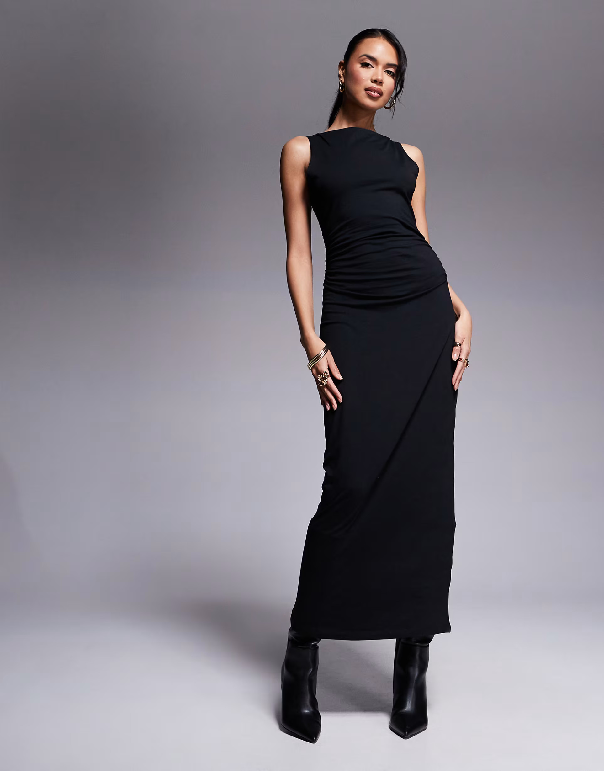 ASOS DESIGN boat neck maxi dress with ruched sides in black | ASOS (Global)