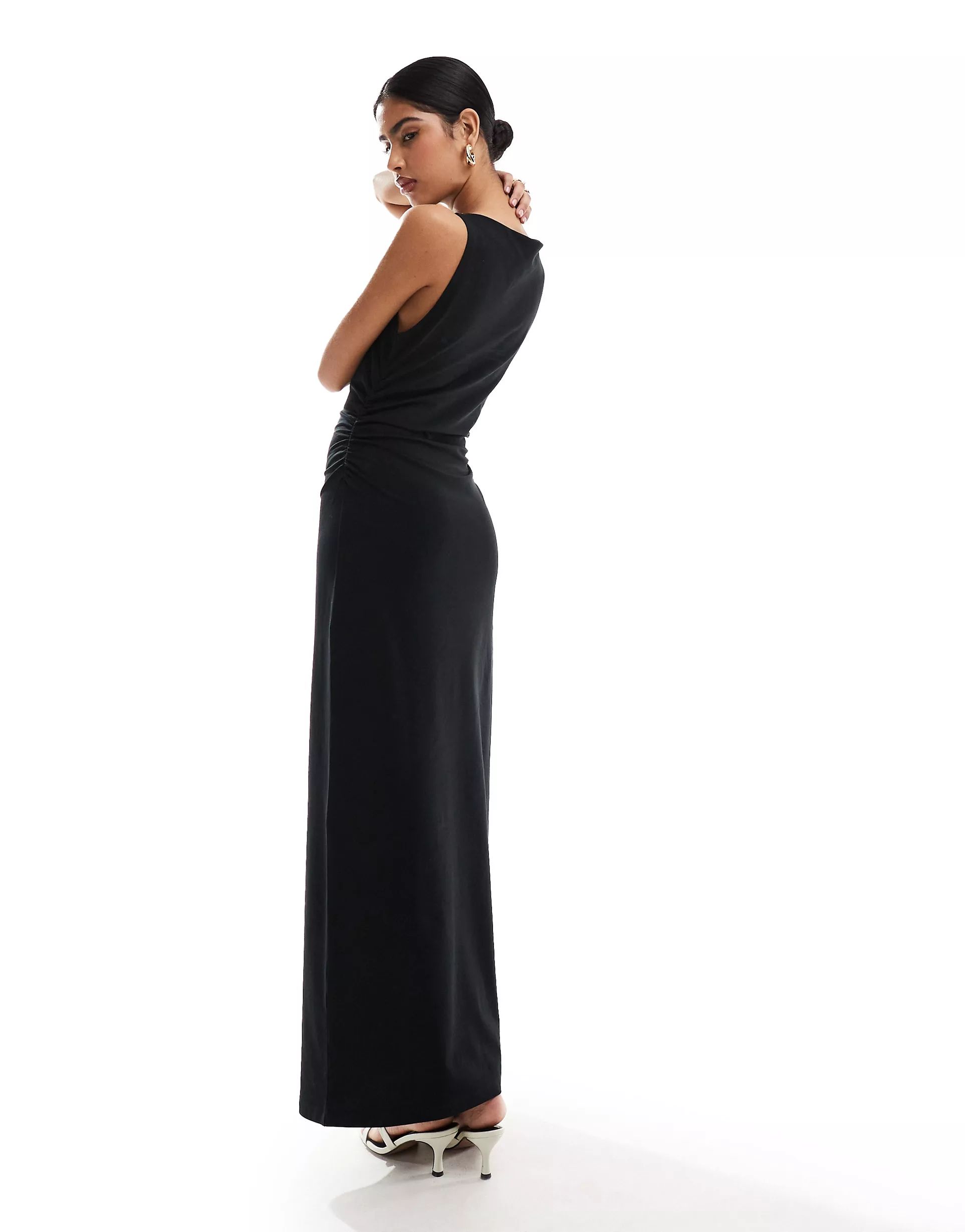 ASOS DESIGN boat neck maxi dress with ruched sides in black | ASOS (Global)