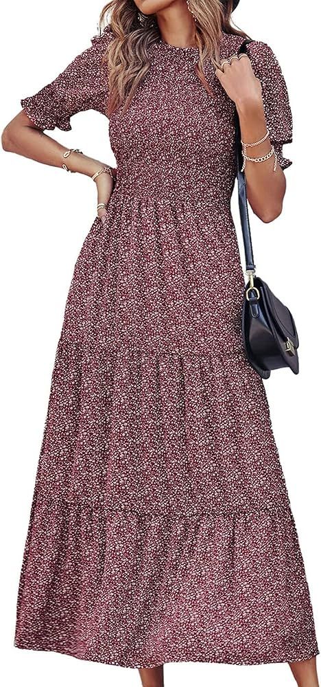 BTFBM Women Casual Summer Dresses 2024 Spring Crew Neck Ruffle Short Sleeve Floral Print Smocked ... | Amazon (US)