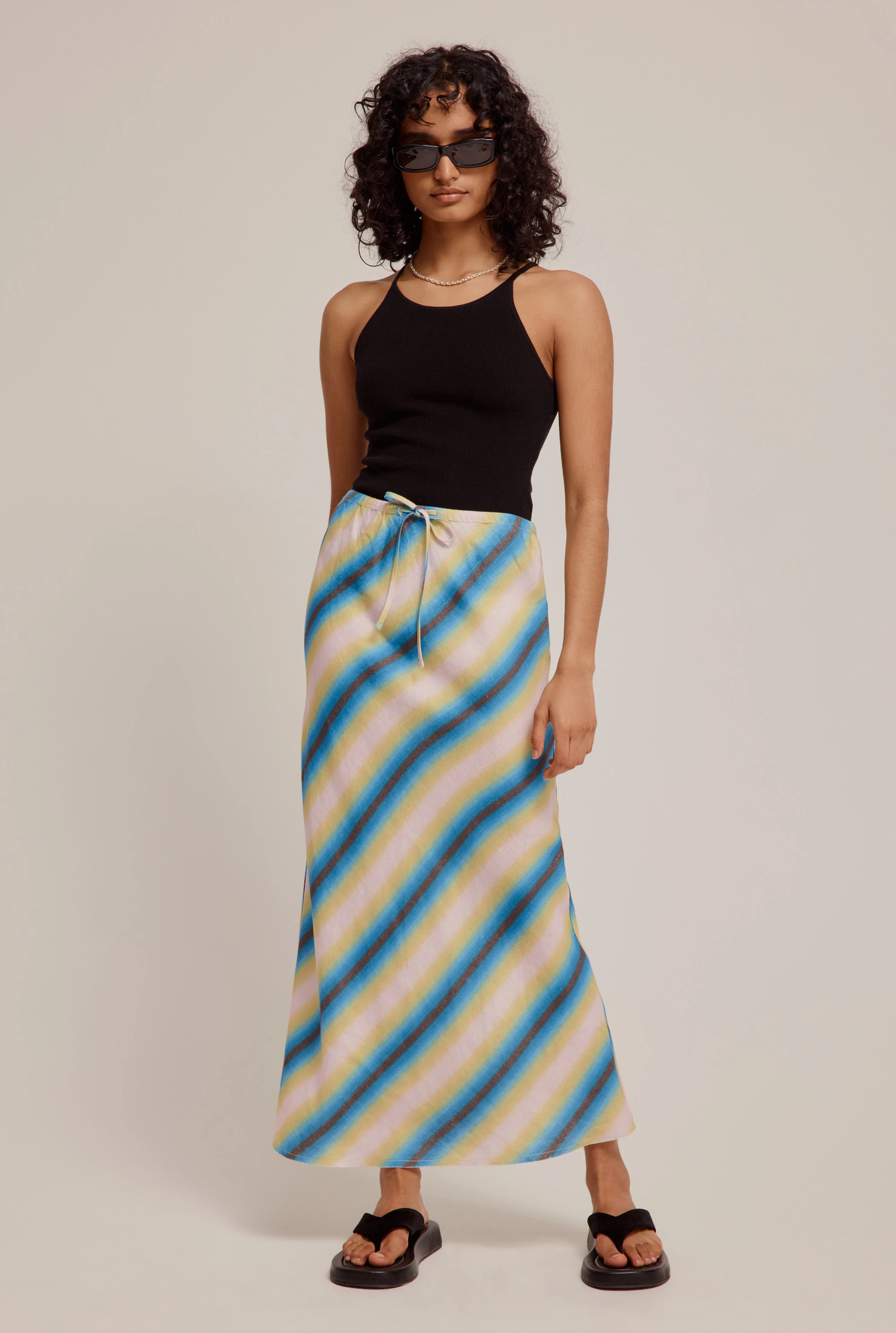 Printed Drawstring Bias Skirt in Dark Gradient Stripe | Venroy | Premium Leisurewear designed in ... | Venroy AU