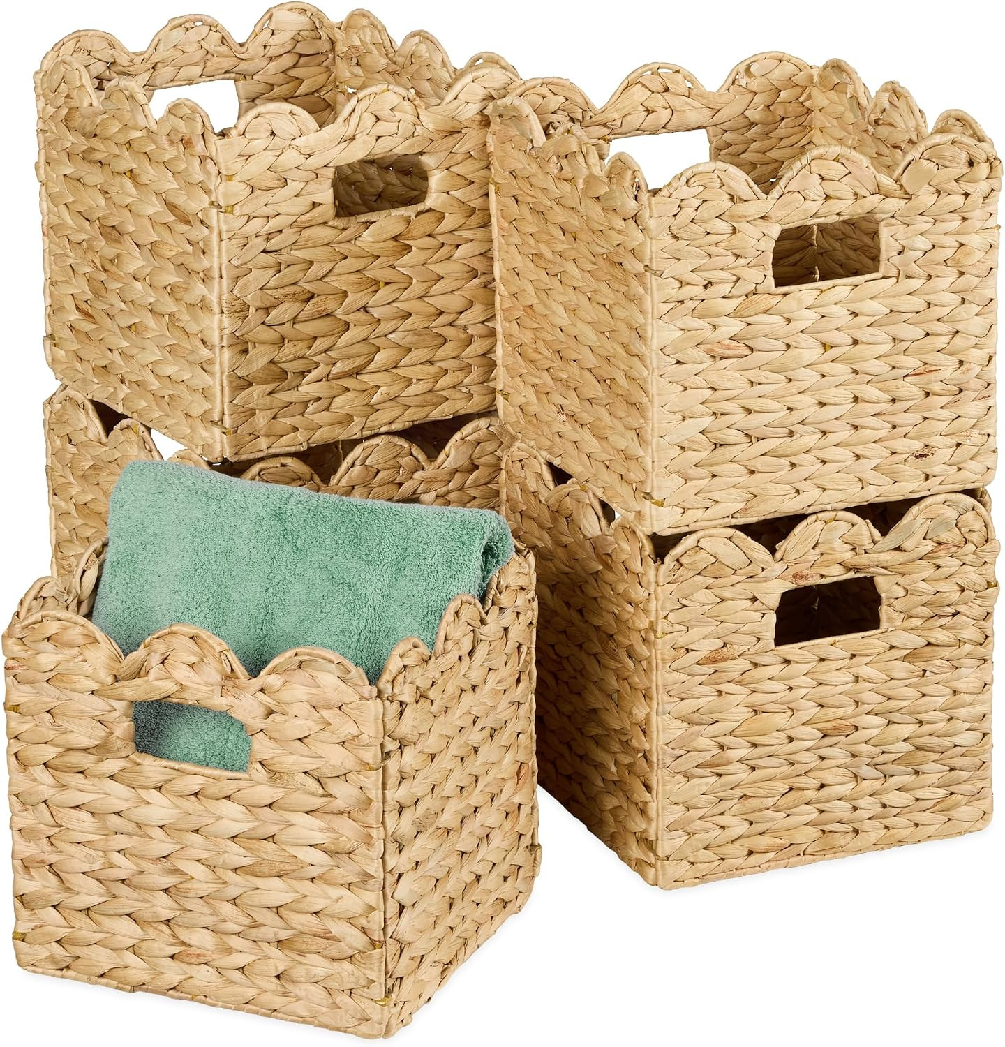 Best Choice Products 13 x 13in Scalloped Hyacinth Baskets, Rustic Set Of 5 Multipurpose Collapsible Storage Organizer, Handwoven Laundry Totes for Bedroom, Living Room, Shelves - Natural | Amazon (US)