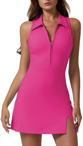 QINSEN Womens Zip Front Tennis Dress Polo Collar Racer Back Workout Golf Dresses Build in Shorts ... | Amazon (US)