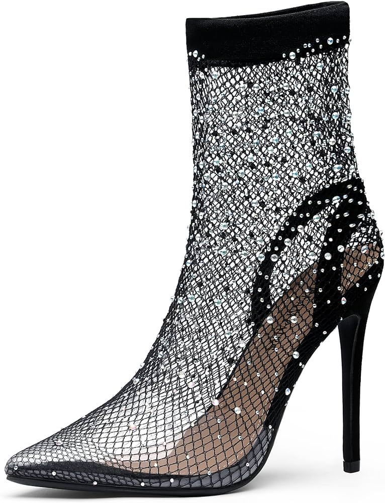 DREAM PAIRS Women’s High Heels Closed Toe Clear Rhinestone Stiletto Sexy Mesh Pointed Toe Sling... | Amazon (US)