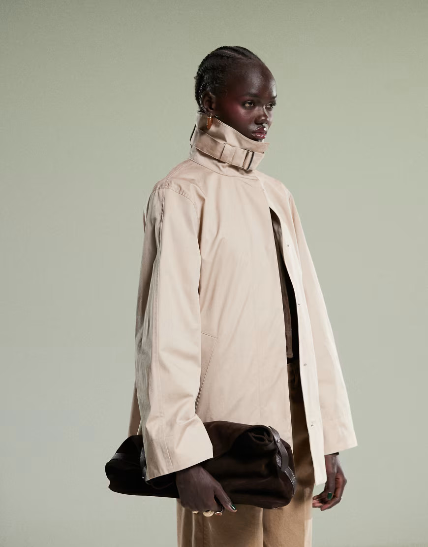 & Other Stories short trench jacket with strap funnel neck detail in beige-Neutral | ASOS (Global)