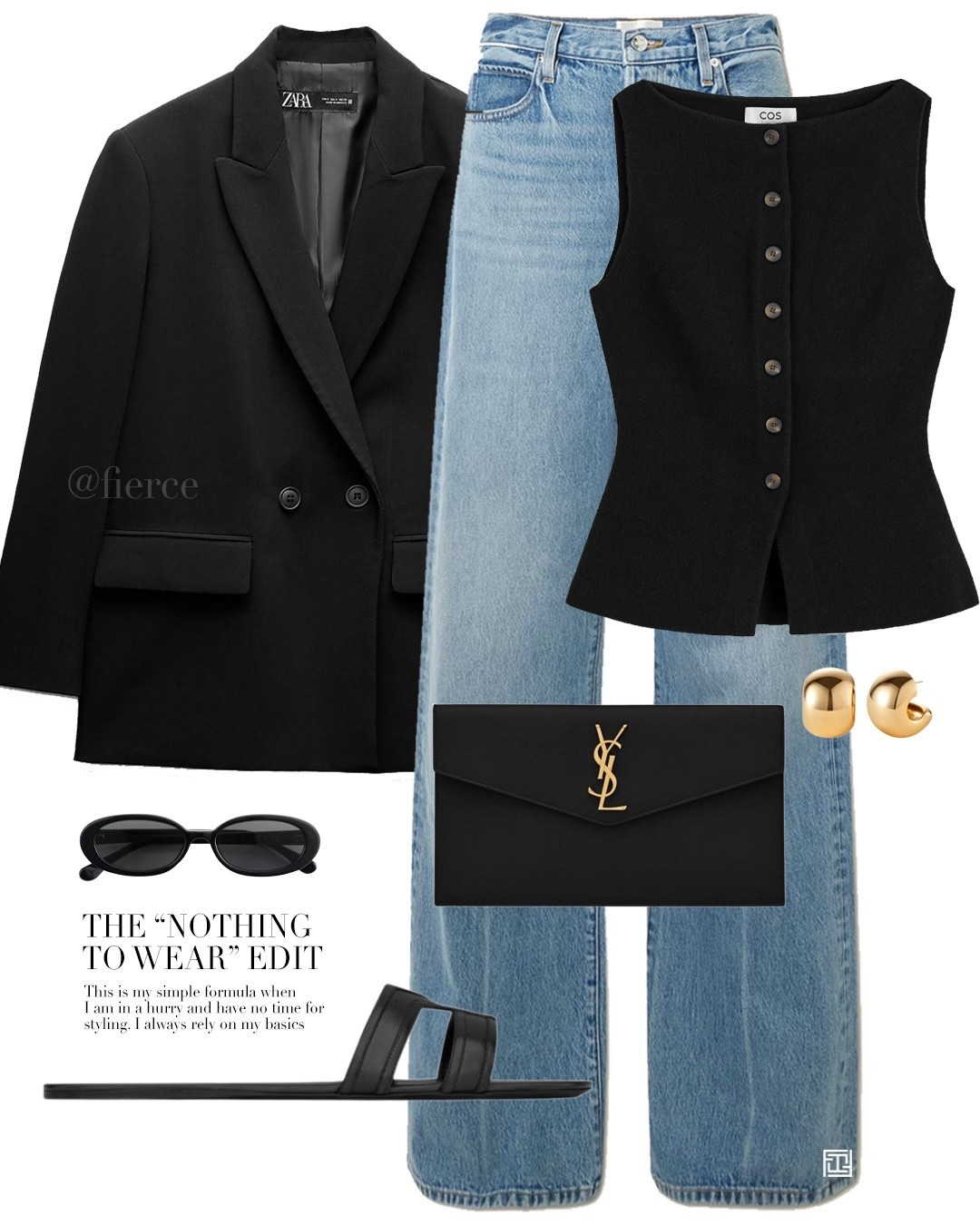 Knitted waistcoat black blazer blue wide 90s jeans Ysl clutch bag black oval sunglasses chic outfit date night 

#LTKeurope #LTKspring #LTKuk