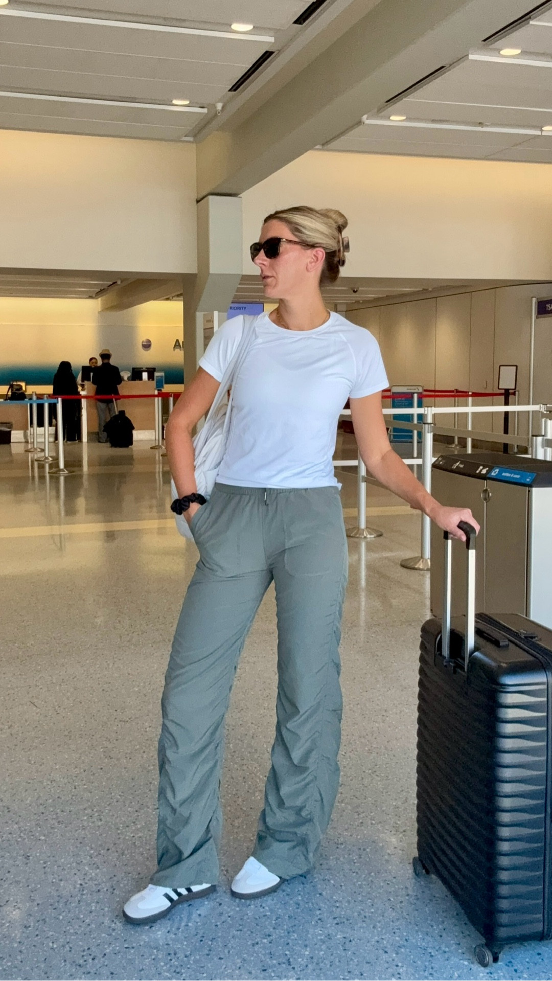 Travel day outfit with my Lululemon look for less studio dance pants. They are 34” inseam but run long as you can see- would recommend for up to 36” inseam girlies. Drawstring hem and super comfortable waistband for travel. Airport outfit, activewear, #LTKFindsUnder50 

#LTKTravel #LTKTravel #LTKTall