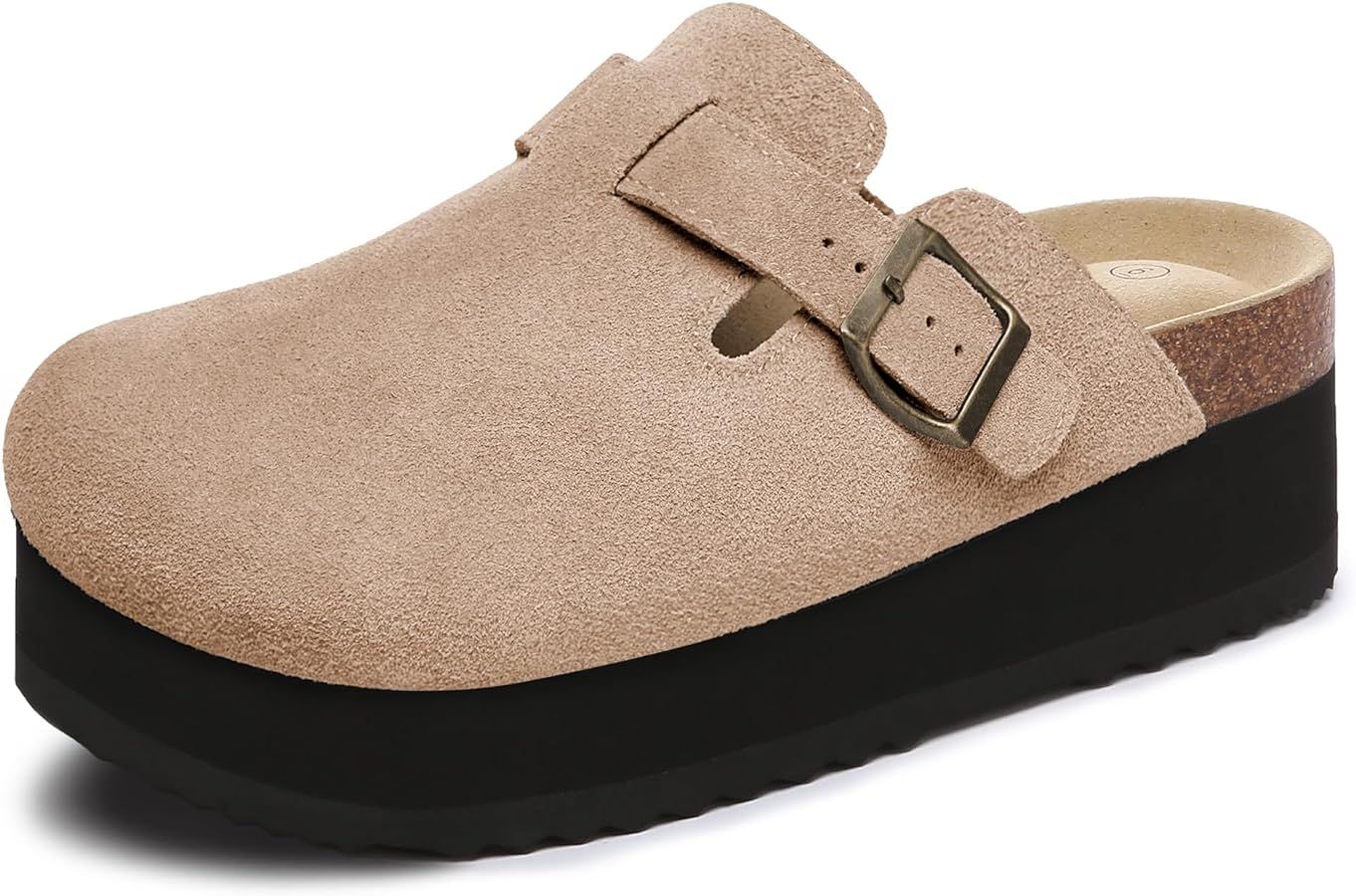 Women's Platform Clogs Adjustable Buckle Cork Footbed Slip on Suede Clog Slippers | Amazon (US)