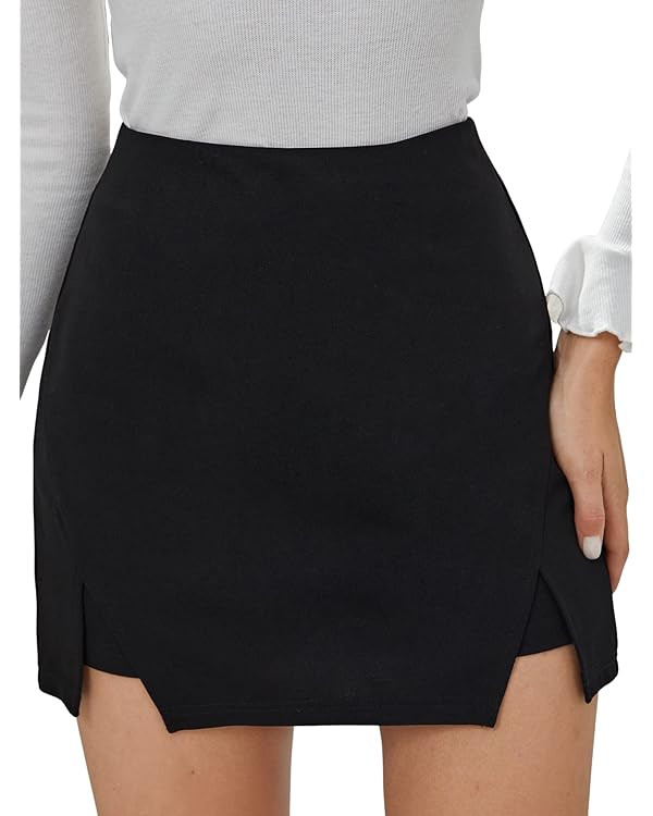 WDIRARA Women's High Waist Split Hem Zip Back Plain Skirt | Amazon (US)