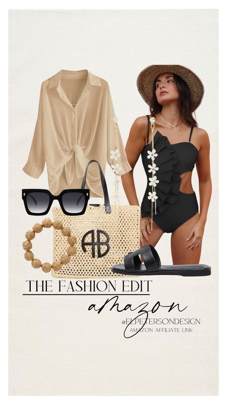 Swim shirt cover all
Bracelet
Sunglasses
Sandals
Straw bag
Bathing suit 
Earrings 

#LTKstyletip