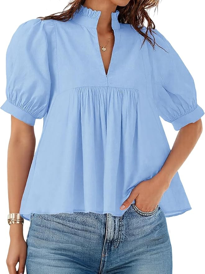 Zhiyouni Summer Blouses for Women 2025 Dressy Casual Short Sleeves V Neck Babydoll Peplum Tops | Amazon (US)