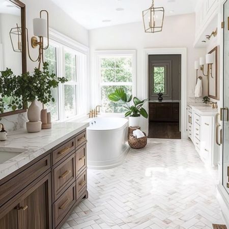 Get inspired with this dreamy master bathroom design featuring a double wood vanity with vessel sinks, intricate tile floors and shower, a luxurious soaking tub, and plenty of natural light #dreambathroom #homeoountforest #bathroomdesign #homedecor #interiordesign #soakingtub

#LTKhome #LTKFind