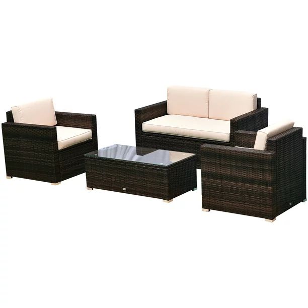Outsunny 4 Pieces Outdoor Wicker Patio Sofa Set, Rattan Conversation Furniture Set with Cushions ... | Walmart (US)