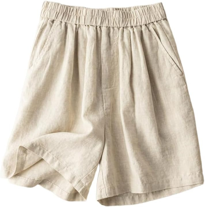 Kinghua Wide Leg Linen Shorts for Women Elastic High Waisted Pleated Loose Casual Comfy Shorts | Amazon (US)