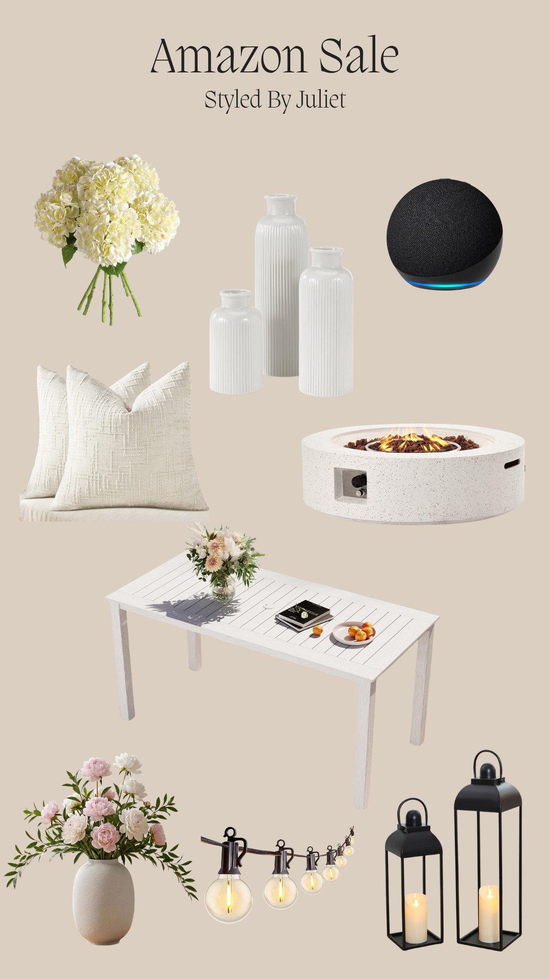 amazon sale, styled by juliet, neutral home decor, beige aesthetic, outdoor patio decor, patio styling, white outdoor dining table, faux hydrangeas, floral arrangement, white ceramic vases, cream throw pillows, concrete fire pit, alexa echo speaker, black lanterns, outdoor string lights, spring florals, minimalist decor, modern farmhouse, entertaining essentials, amazon home finds 

 #LTKSeasonal #LTKHome #LTKSaleAlert