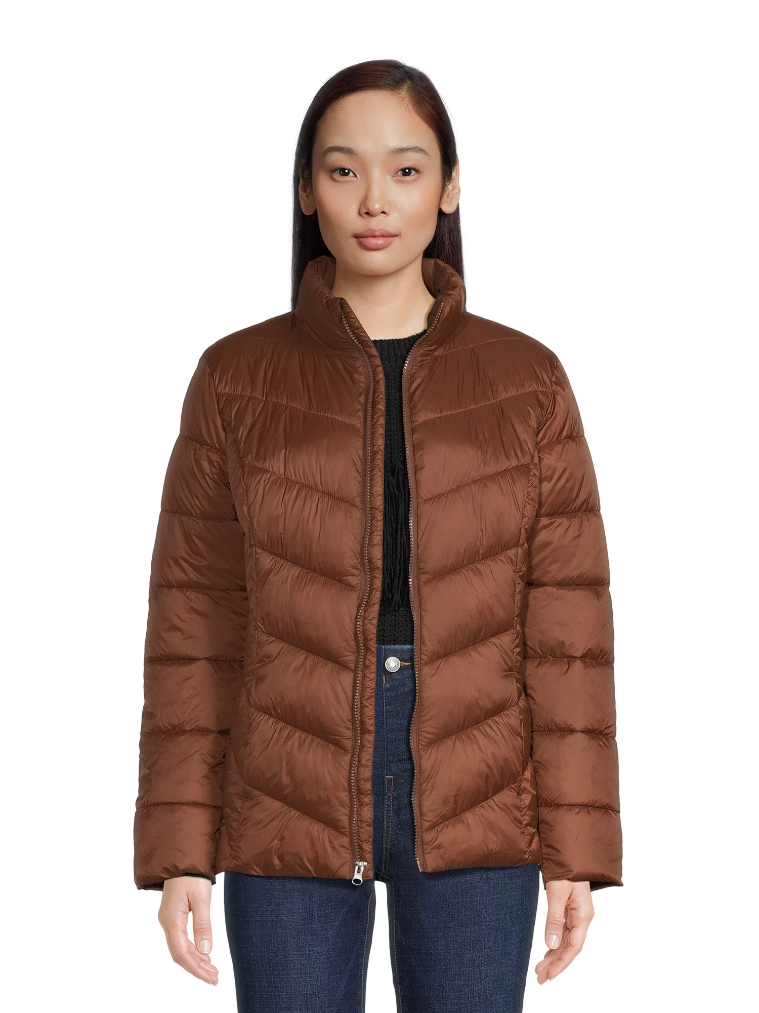 Time and Tru Women's Chevron Midweight Puffer Jacket, Sizes XS-3X | Walmart (US)