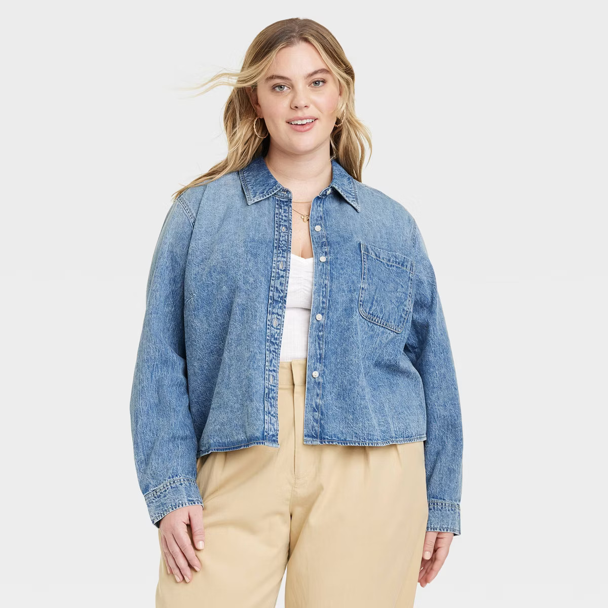 Women's Long Sleeve Button-Down Denim Cropped Shirt - Universal Thread™ Blue | Target