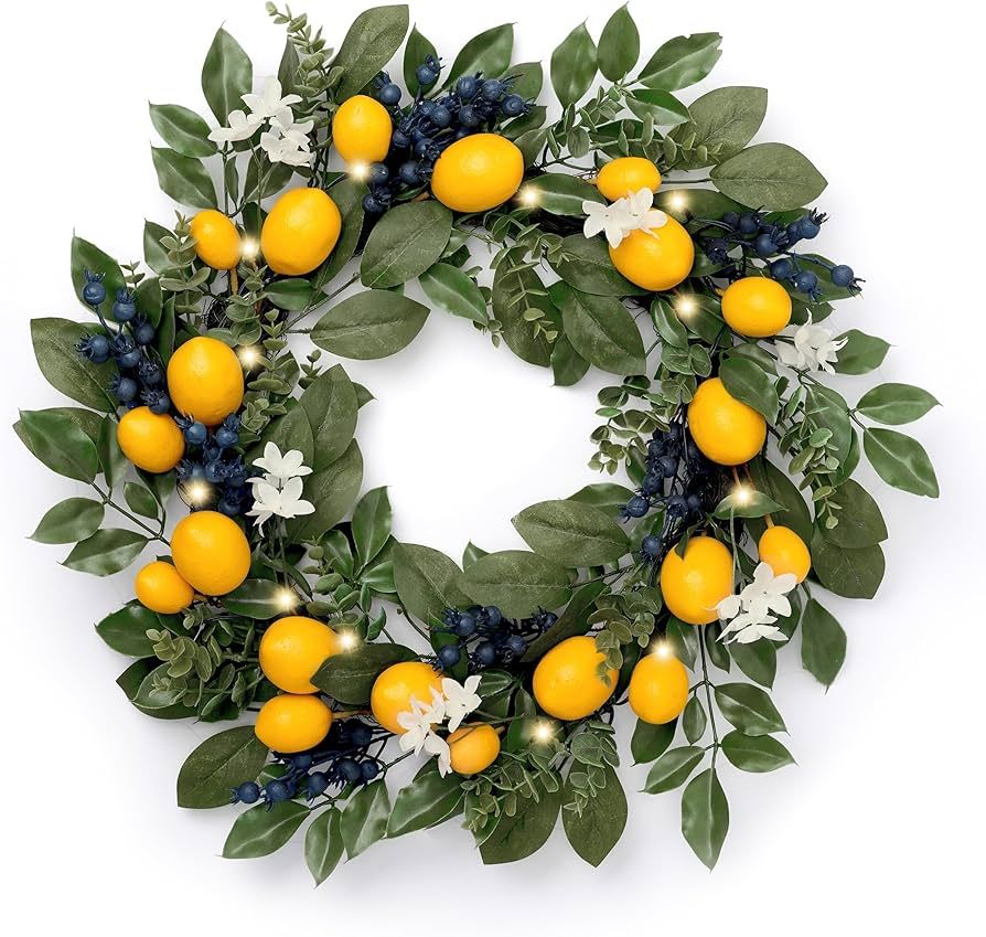 Valery Madelyn 24 Inch Pre-Lit Spring Lemon Wreath for Front Door with Lights, Lighted Farmhouse ... | Amazon (US)