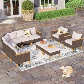 PHI VILLA Brown 10-Piece Rattan Wicker 12 Seat Steel Outdoor Patio Conversation Set w/Beige Cushi... | The Home Depot
