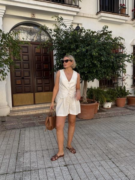 Summer outfit idea - cream tailored shorts & waistcoat from Laura Byrnes x Very, tan sandals, Polene Paris tan cyme mini handbag & mantra sunglasses  

#LTKeurope #LTKstyletip #LTKSeasonal