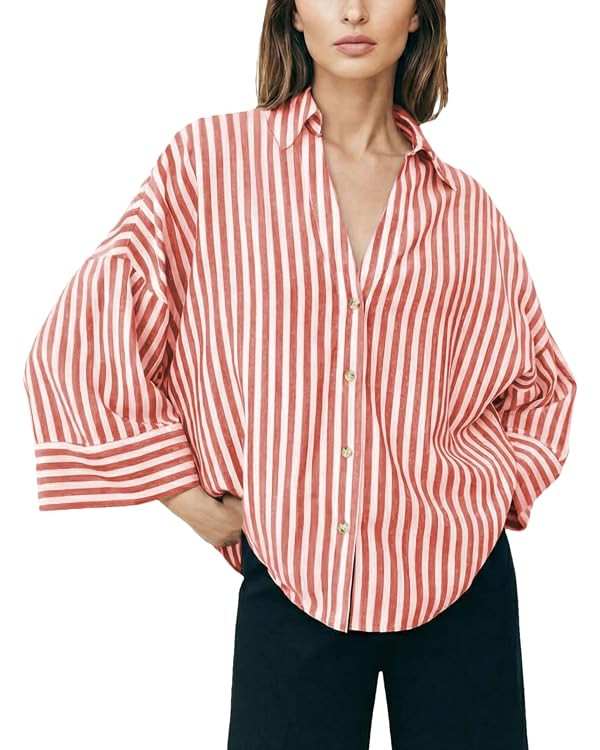 Womens Striped Button Down Shirts Lapel V Neck 3/4 Sleeve Casual Blouses Summer Loose Fit Tops | Amazon (US)