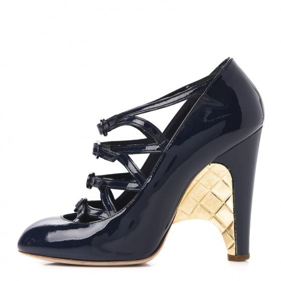 CHANEL Patent Calfskin Quilted CC Strap Pumps 35 Navy Gold | Fashionphile