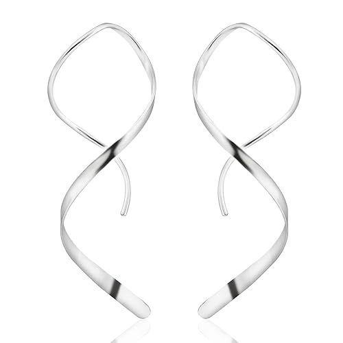 Handmade 925 Sterling Silver Spiral Threader Earrings Hypoallergenic Twisted Curved Drop Dangle E... | Amazon (US)