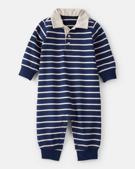 Baby Boy Cotton Long-Sleeve Polo Jumpsuit - Navy/White | Carter's Inc
