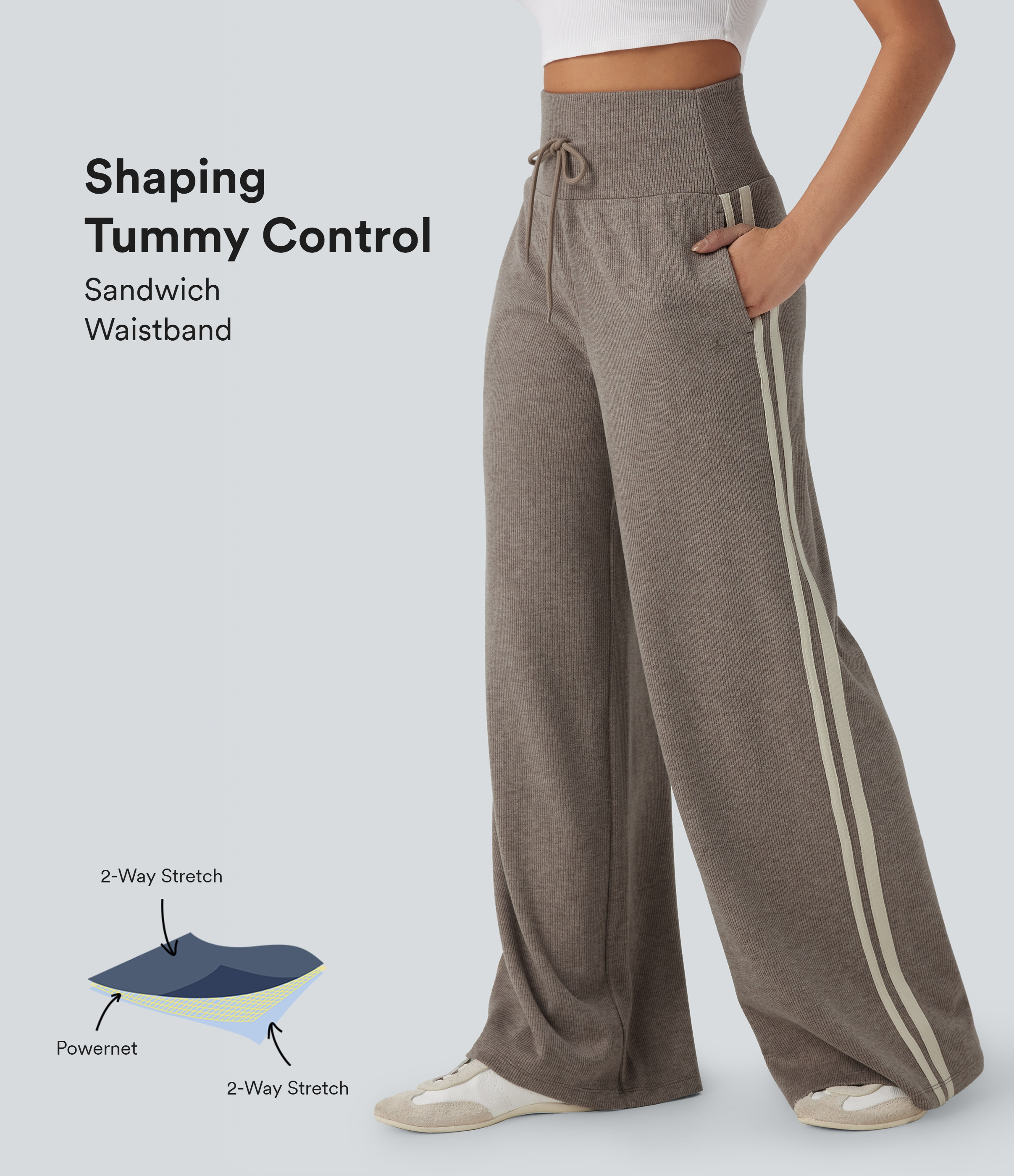 Halara Ribbed SoCinched High Waisted Tummy Control Drawstring Wide Leg Color Block Casual Pants with Pockets - Taupe Stripe - S(regular) | HALARA