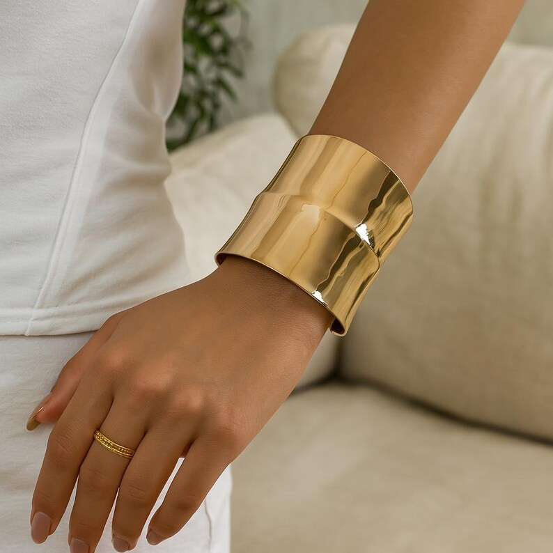 Bold Gold Statement Cuff Bracelet – Wide Adjustable Chunky Bangle for Women, Modern Punk Jewelr... | Etsy (US)