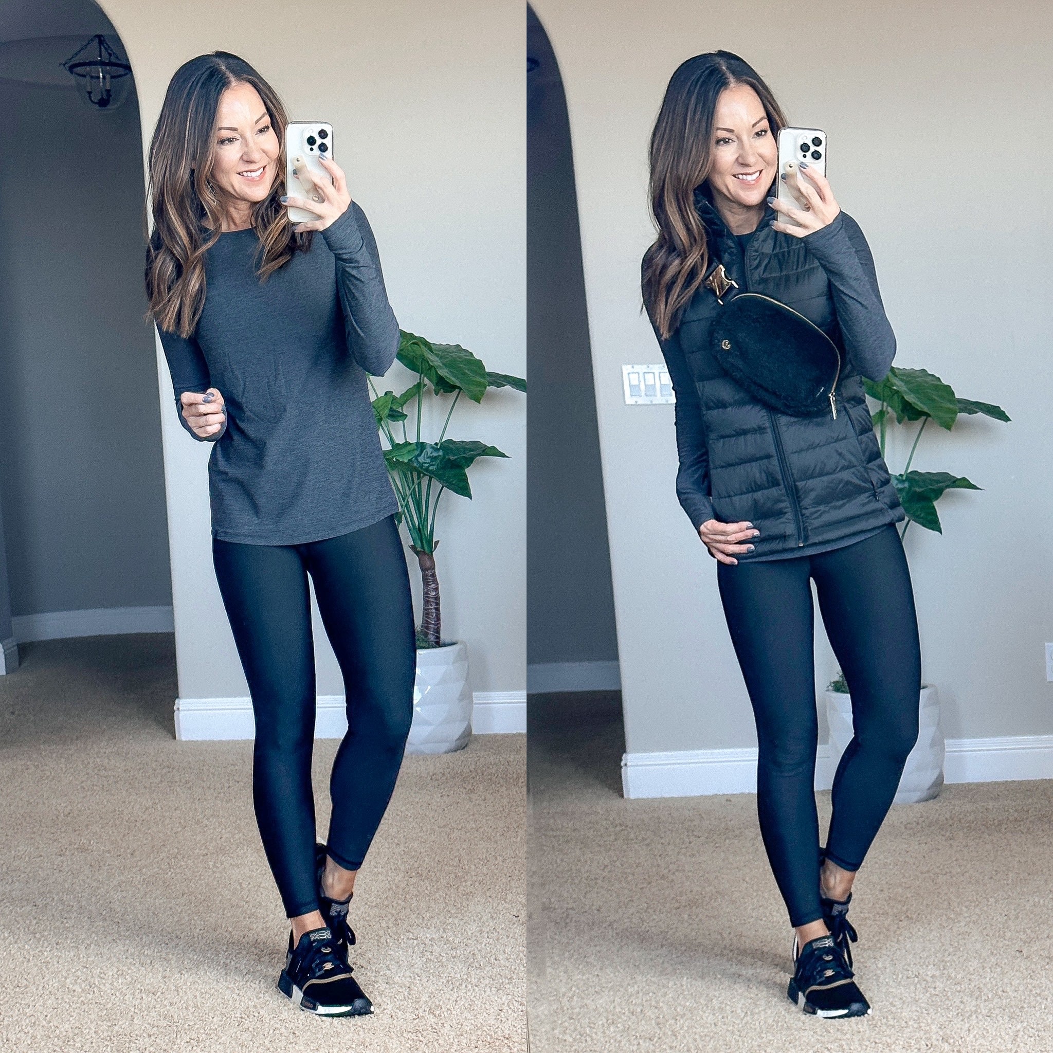 Athleisure wear outfit from Amazon // CRZ yoga fleece lined leggings xs // CRZ long sleeve althletic top with thumbholes xs // CRZ sports bra xs // puffer vest xs // Penguin Jammies xs // Linked similar shoes and an affordable sherpa  belt bag lookalike to the lululemon belt bag

#LTKfit #LTKunder50 #LTKstyletip
