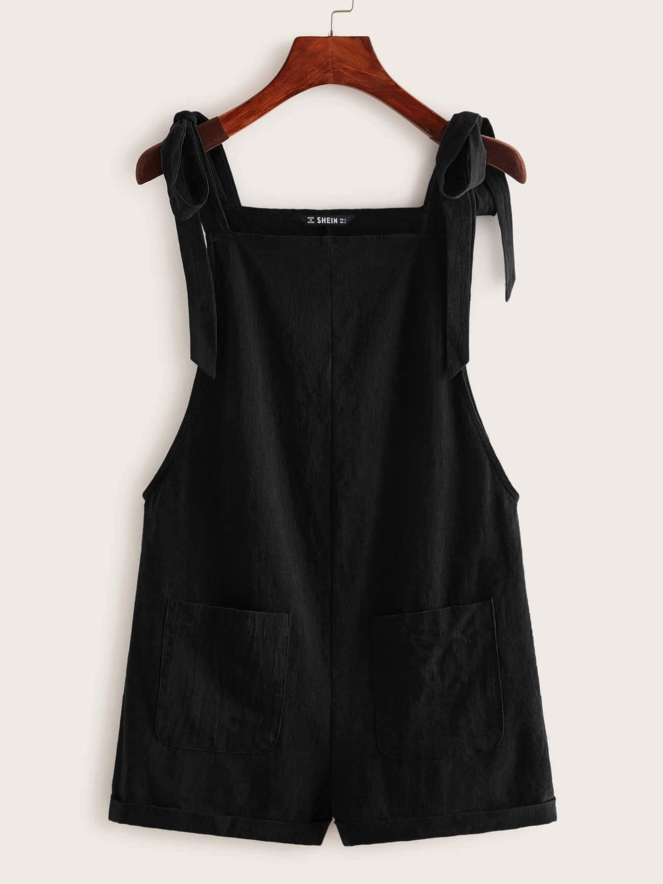 SHEIN EZwear Knot Strap Pocket Patched Pinafore Romper | SHEIN