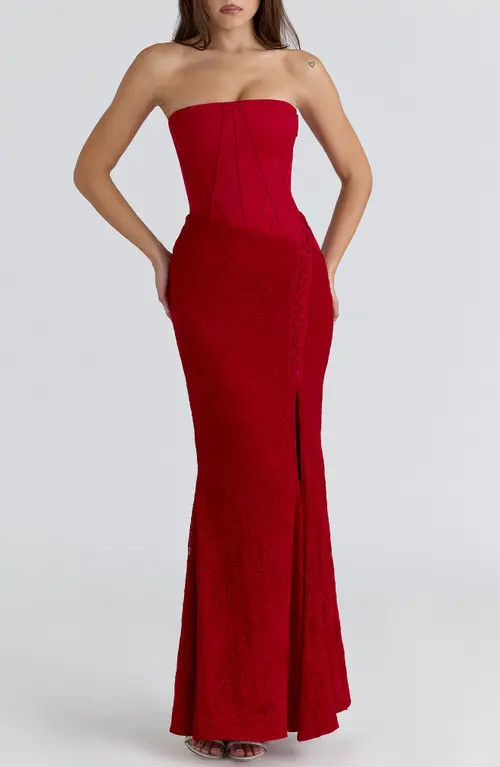 HOUSE OF CB Valerie Satin & Lace Corset Gown in Red at Nordstrom, Size X-Large | Nordstrom