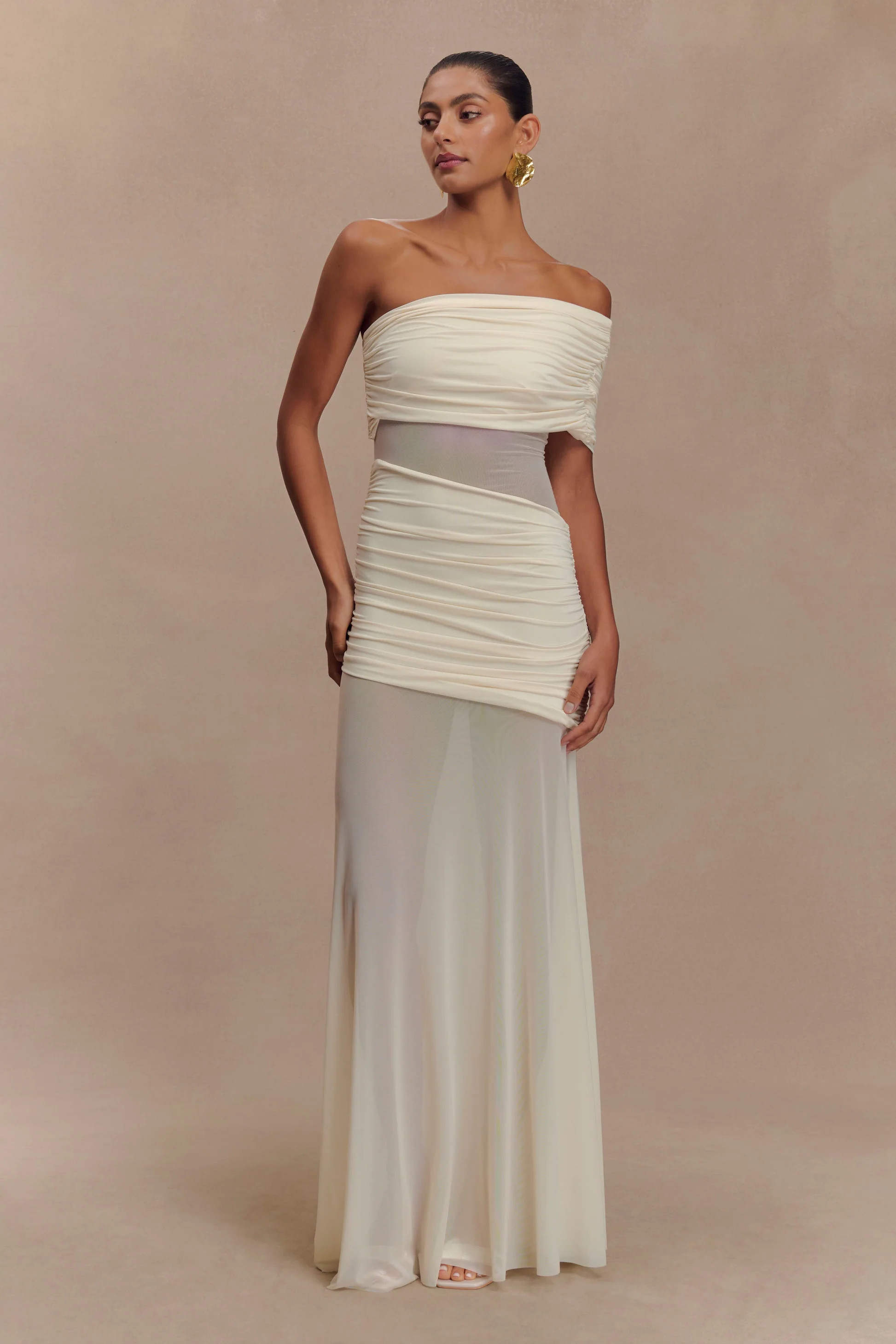 Dallas One Shoulder Mesh Maxi Dress - Ivory | MESHKI US