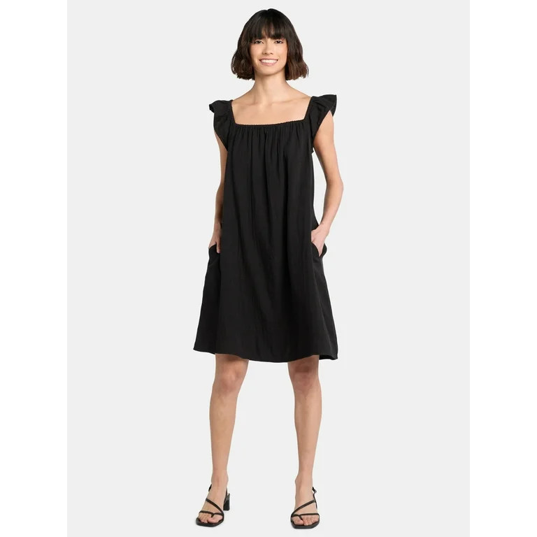Time and Tru Women's Double Cloth Cotton Mini Dress with Flutter Sleeves, Sizes XS-XXXL | Walmart (US)
