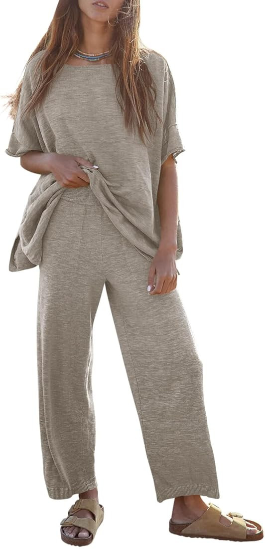 Tankaneo Women's 2 Piece Travel Outfits Casual Short Sleeve Knit Sweater Set Wide Leg Pants Loung... | Amazon (US)
