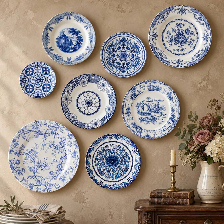 8 Pcs Blue and White Ceramic Wall Plates with Hangers, Classic | Amazon (US)