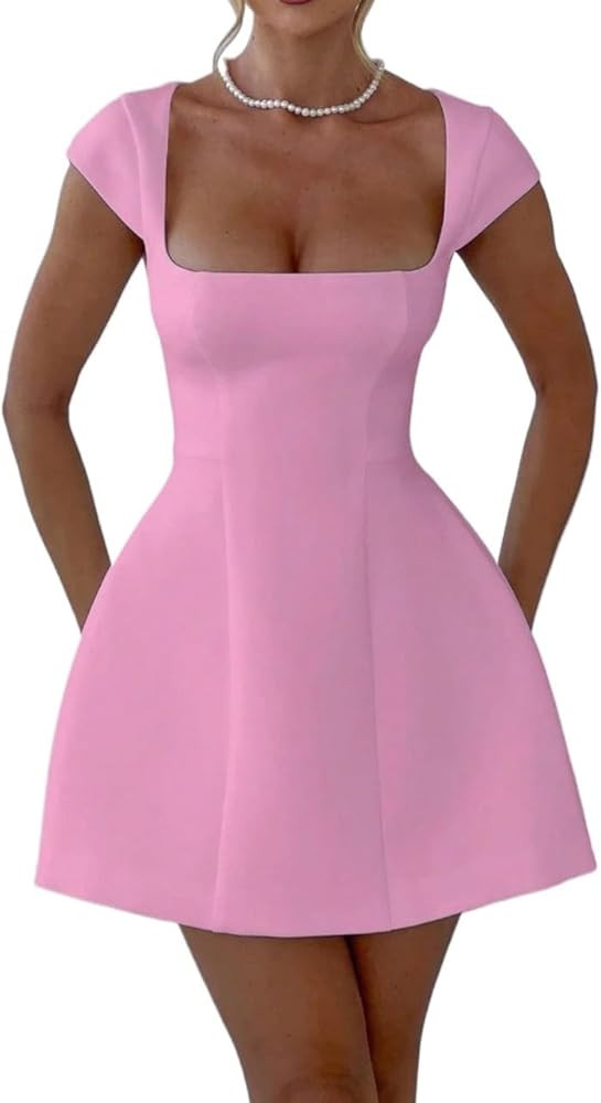 YINGA Women's Flowy Mini Dresses 2025 Sleeveless Square Neck A-Line Mini Dress | Amazon (US)