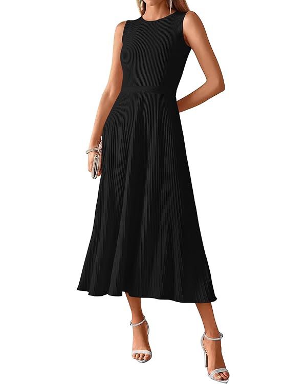 BTFBM Women's Midi Bodycon Tank Dress Summer Crewneck Rib Knit Sleeveless Pleated Swing A Line Bu... | Amazon (US)