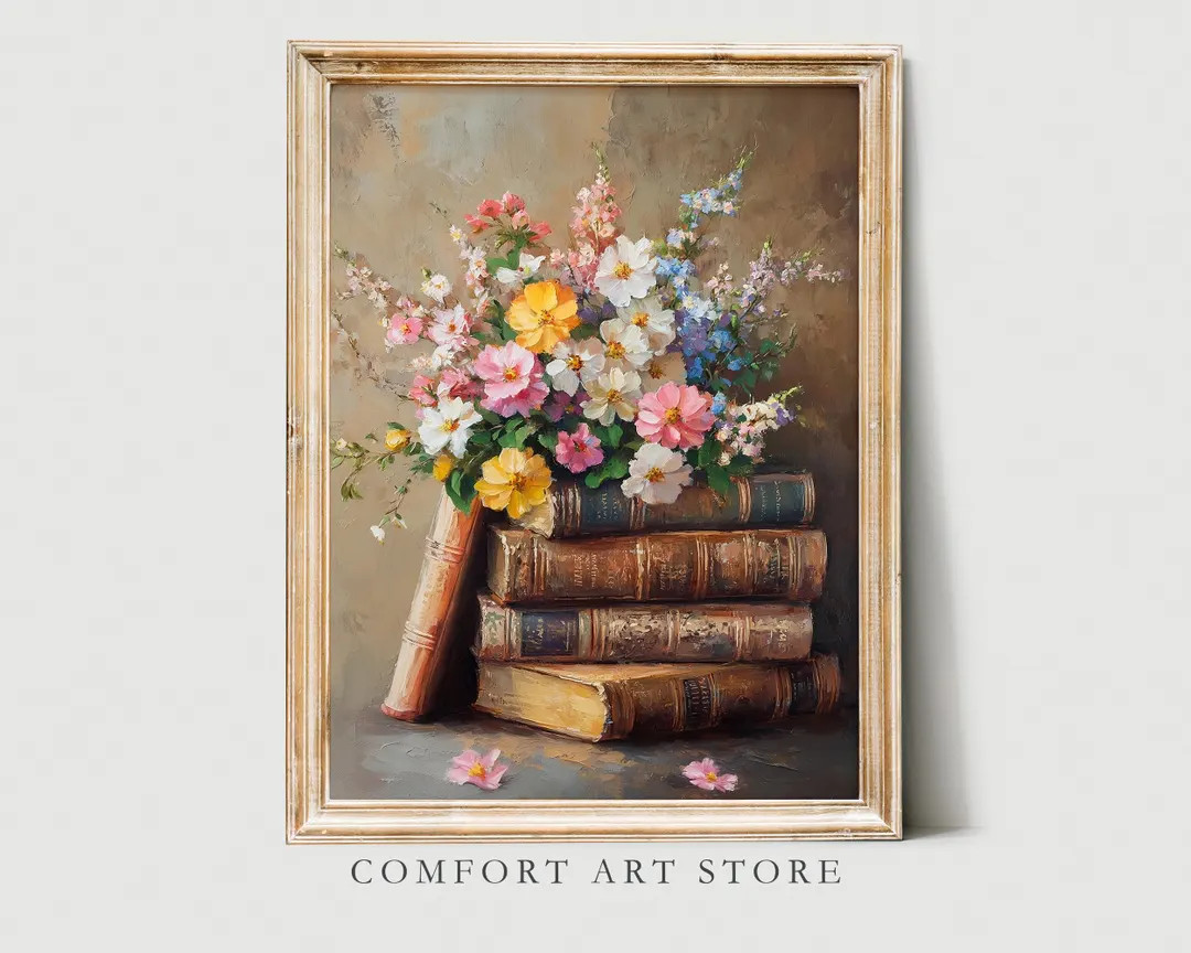 Easter Book Stack Print Floral Spring Wall Art Neutral Spring Flower Dark Academia Decor Spring W... | Etsy (US)