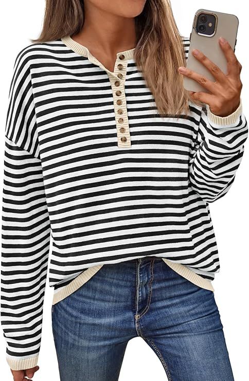 LILLUSORY Womens Striped Oversized Sweater Long Sleeve Tops Henley Knit Color Block Trendy Pullov... | Amazon (US)