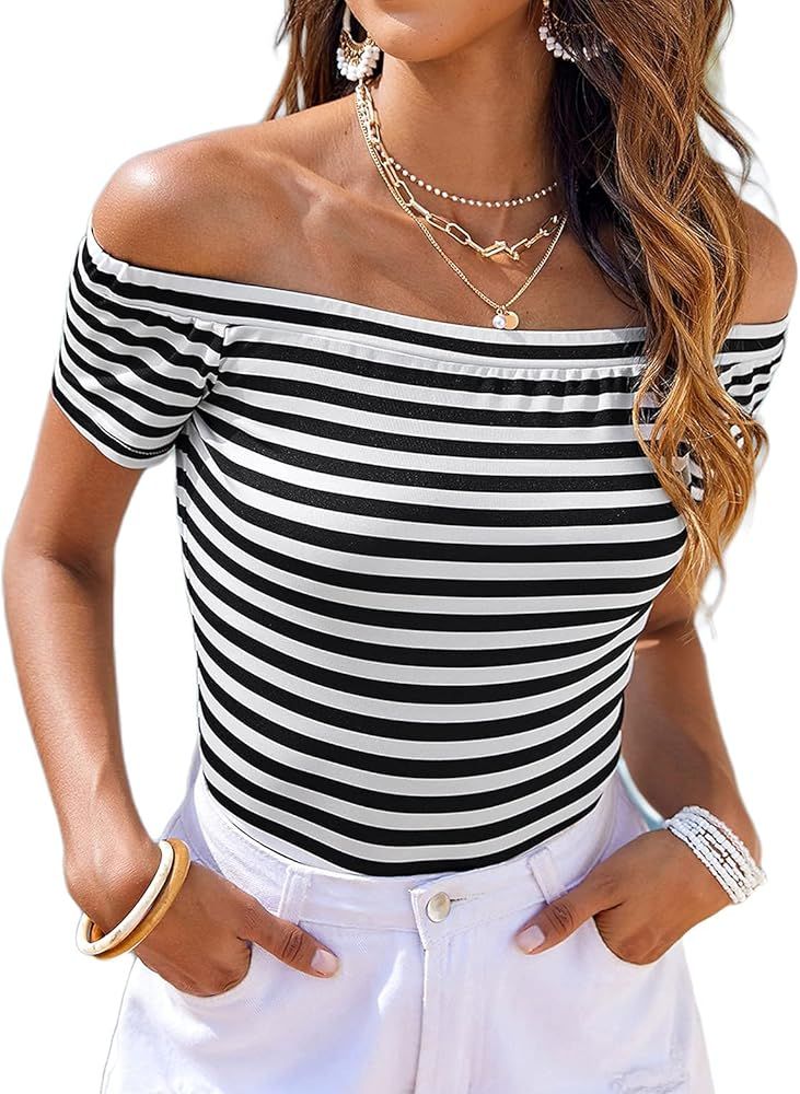 LilyCoco Women's Short Sleeve Vogue Fitted Off Shoulder Shirt Modal Top T-Shirt | Amazon (US)