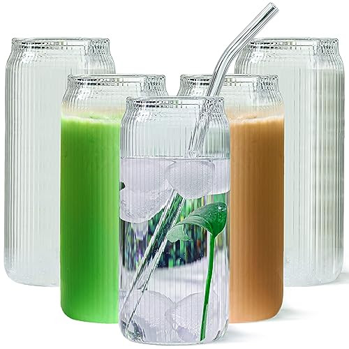 Set of 6 Ribbed Can Shaped Glass Cups with Glass Straws - 16oz Can Glass Drinking Glasses, Iced Coffee & Ice Tea Glasses, Clear Kitchen Tumbler Cup Cocktail Glass for Soda, Kiddush Cups & Sets | Amazon (US)